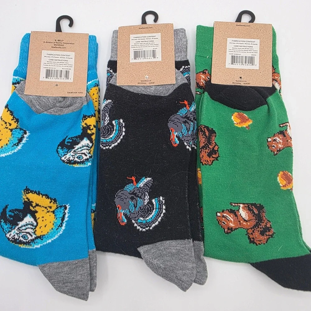 K. Bell mens 6.5-12 crew socks‎ parrott macaw turkey bird squirrel colorful
